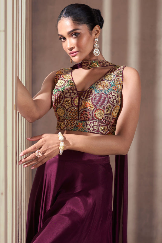 Sushrii Mishraa Graceful Wine Color Chinon Silk Readymade Crop Top with Palazzo Set