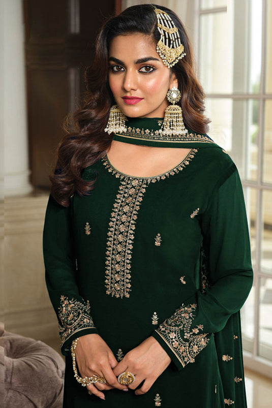 Excellent Georgette Fabric Green Color Palazzo Suit With Embroidered Work