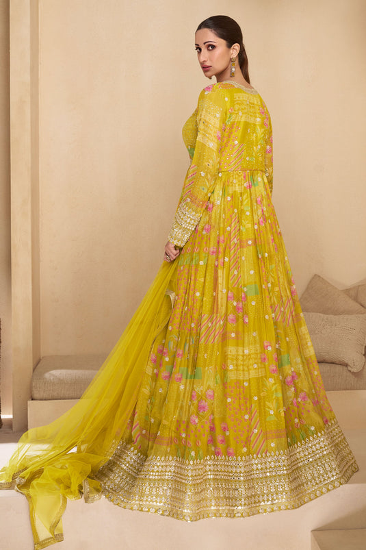 Diksha Singh Yellow Color Captivating Readymade Georgette Gown With Dupatta