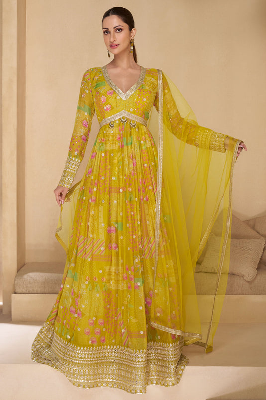 Diksha Singh Yellow Color Captivating Readymade Georgette Gown With Dupatta