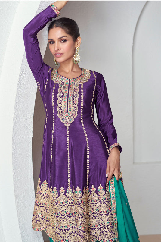 Vartika Singh Purple Color Chinon Fabric Readymade Palazzo Suit For Function