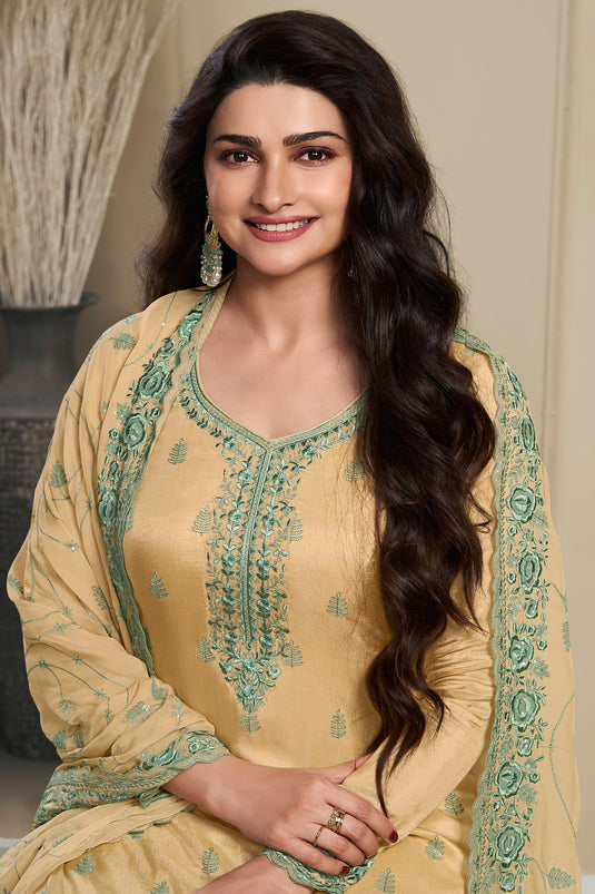 Prachi Desai Art Silk Fabric Cream Color Supreme Embroidered Salwar Suit