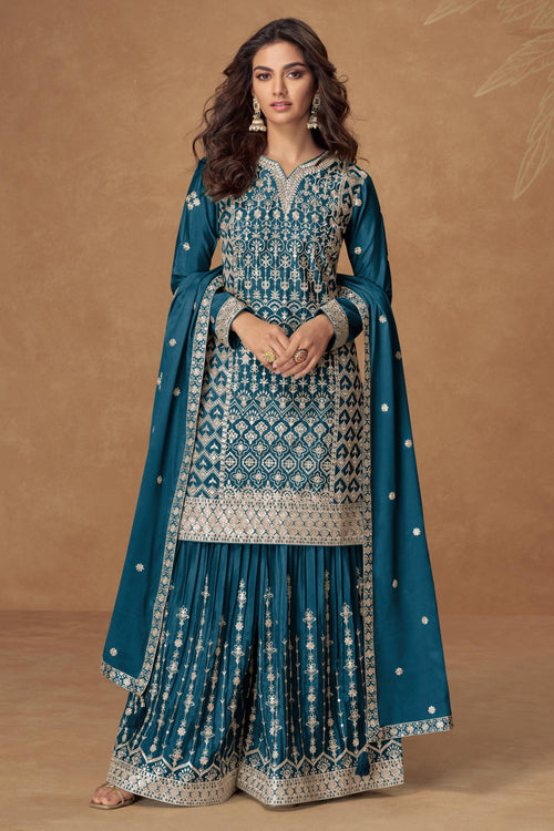 Teal Chinon Silk Embroidered Readymade Palazzo Salwar Kameez