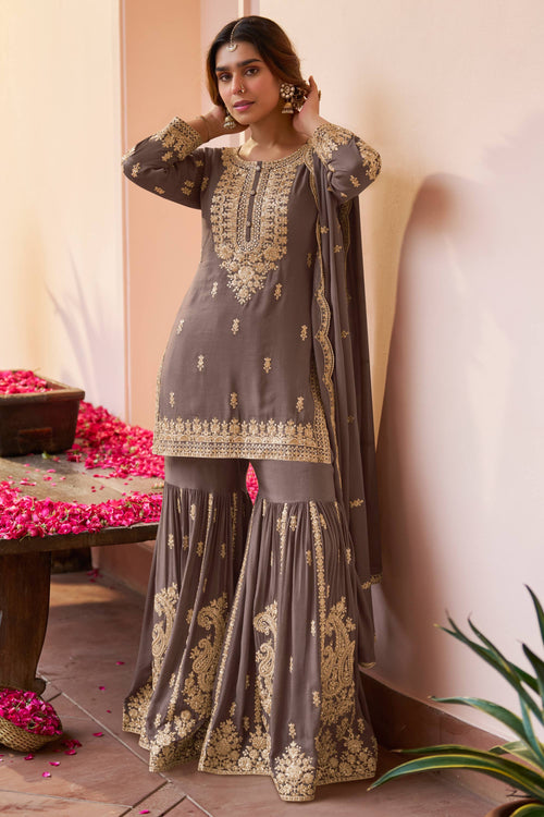 Chinon Embroidered Dark Beige Designer Sharara Style Palazzo Salwar Kameez