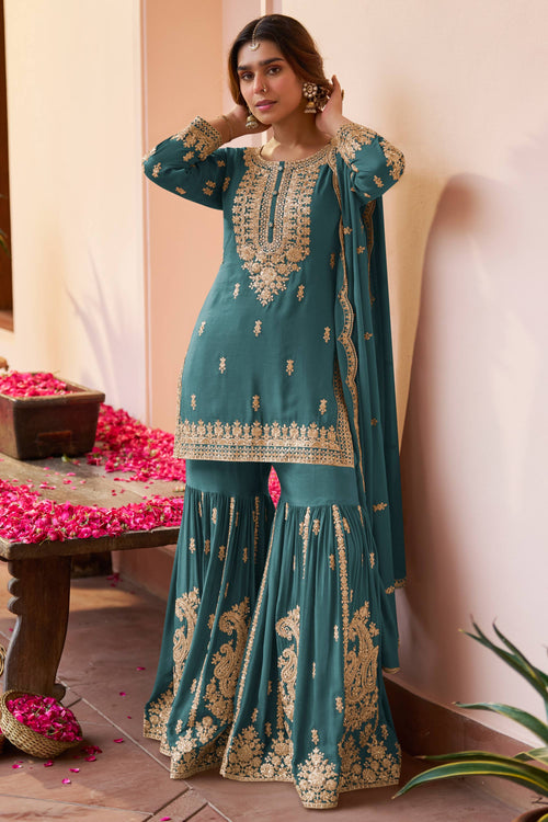 Embroidered Chinon 3 Piece Sharara Style Palazzo Salwar Suit