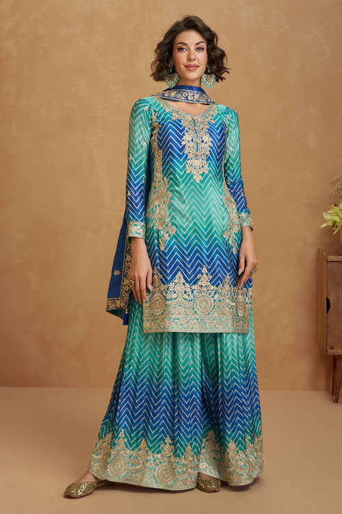 Chinon Silk Embroidered Cyan Festive Wear Readymade Palazzo Suit
