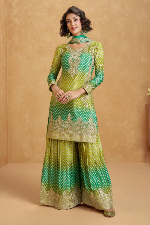 Green Festive Wear Chinon Silk Embroidered Readymade Palazzo Suit
