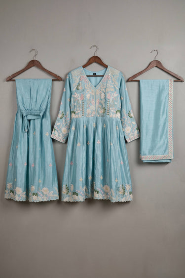 Embroidered Cyan Synthetic Readymade Palazzo Salwar Suit
