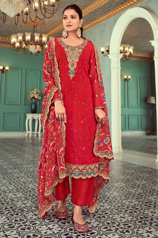 Georgette Fabric Red Color Festive Wear Winsome Salwar Suit