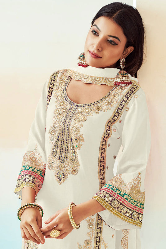 Function Wear White Color Fabulous Palazzo Suit In Chinon Fabric