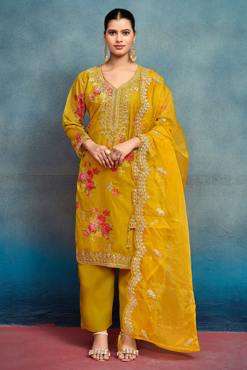 Mustard Art Silk Festive Wear Designer Dress