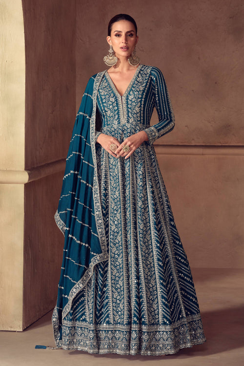 Chinon Embroidered Teal Designer Readymade Floor Touch Gown With Dupatta For Party Wear