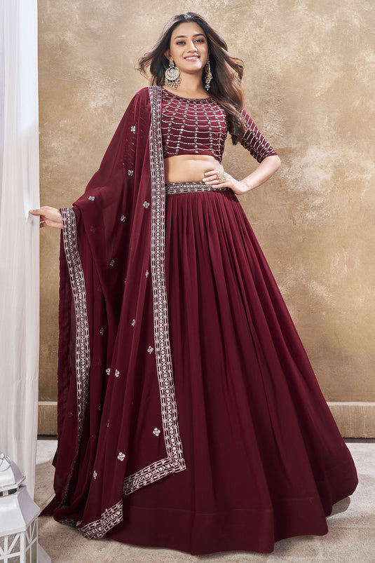 Sequins Work On Maroon Color Georgette Fabric Trendy Lehenga