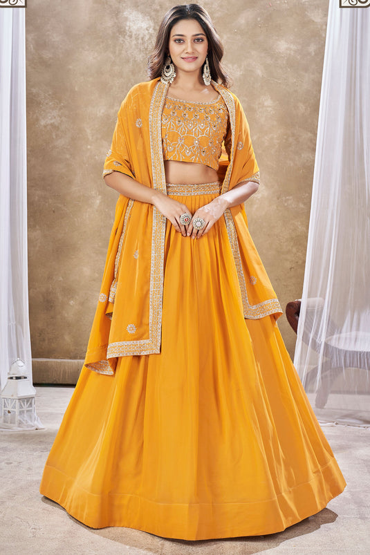 Creative Sequins Work On Yellow Color Georgette Fabric Lehenga