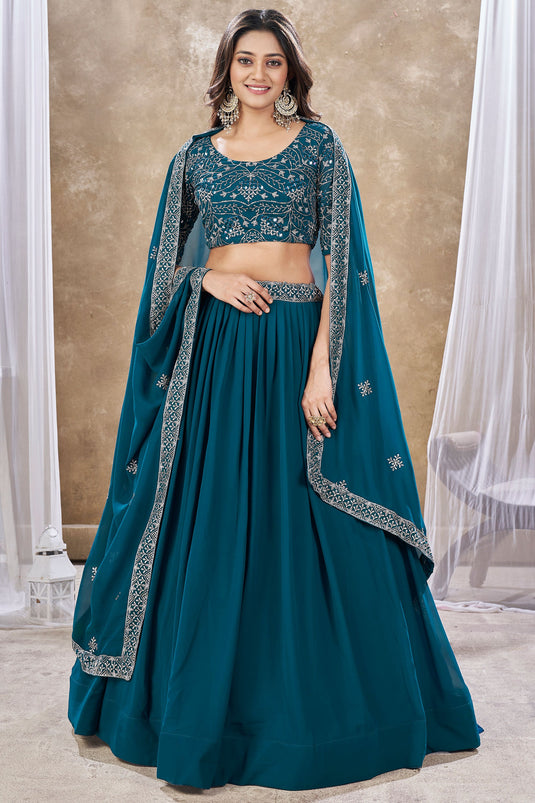 Teal Color Sequins Work On Georgette Fabric Stunning Lehenga