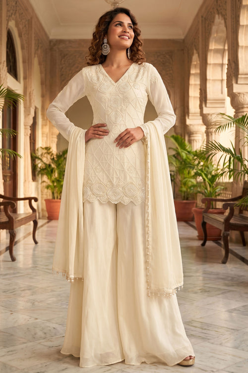 Festive Special Off White Beads Work Readymade Palazzo Salwar Suit