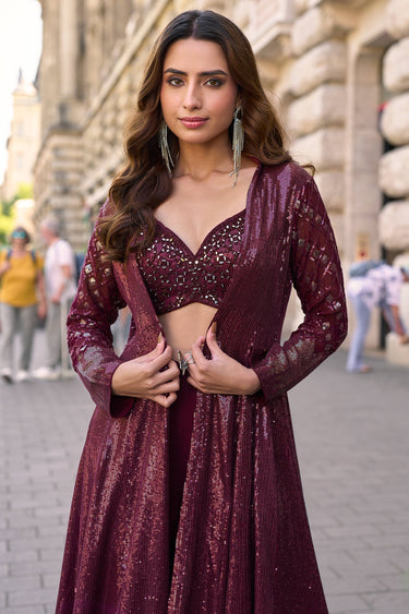 Wine Sequins Embroidered Western Look Outfit Blouse And Palazzo With Long Shrug