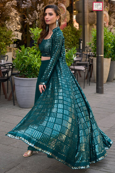 Teal Festive Wear Readymade Crop Top Palazzo Set With Long Shrug