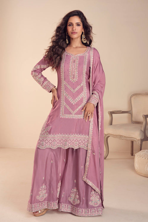 Chinon Fabric Embroidered Pink Readymade Palazzo Suit For Festive Wear