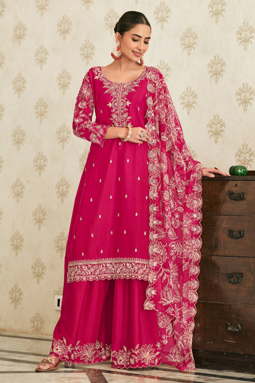 Designer Magenta Chinon Embroidered Palazzo Suit