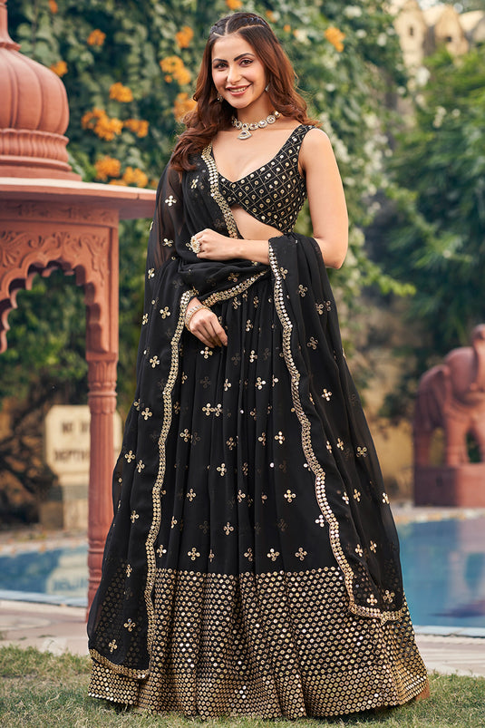 Excellent Georgette Fabric Black Color Lehenga With Embroidered Work