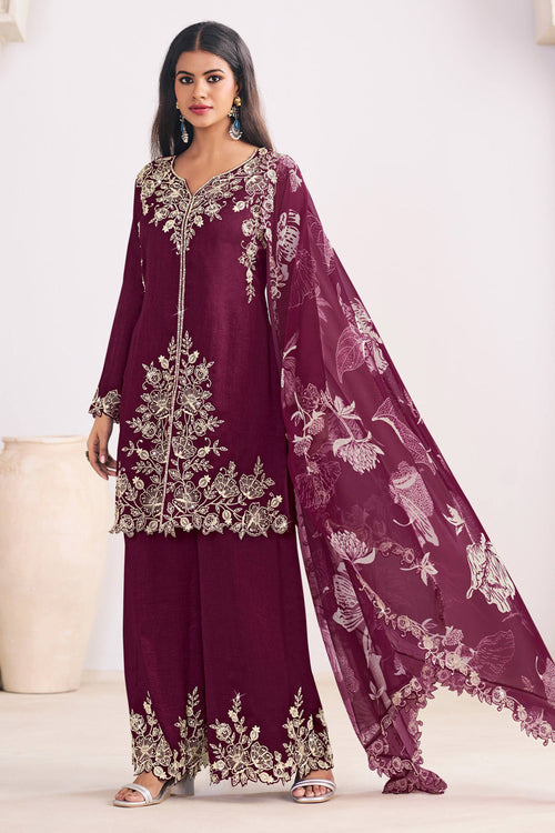 Womens Burgundy Embroidered Art Silk Readymade Palazzo Suit With Dupatta