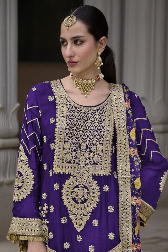 Attractive Chinon Fabric Purple Color Readymade Palazzo Suit