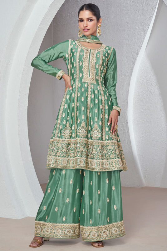 Vartika Singh Phenomenal Sea Green Color Chinon Fabric Readymade Palazzo Suit