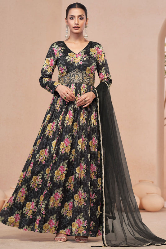 Excellent Black Color Georgette Anarkali Suit With Floral Printed Work