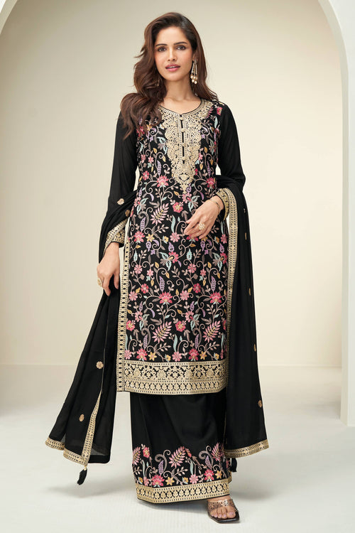 Womens Black Embroidered Chinon Silk Readymade Palazzo Suit With Dupatta