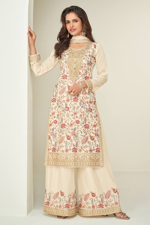 Beige Embroidered Synthetic Readymade Palazzo Salwar Suit