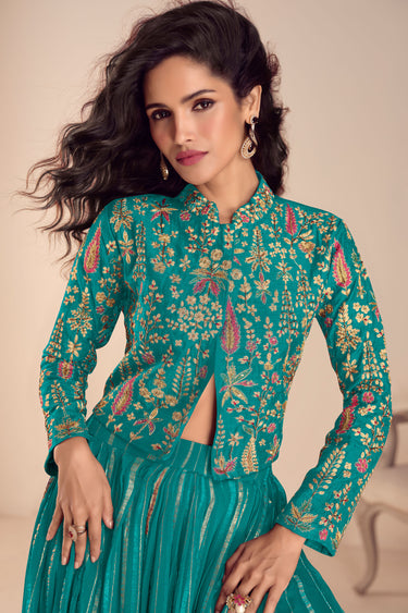 Elegant Art Silk Embroidered Work Teal Readymade Top With Designer Skirt