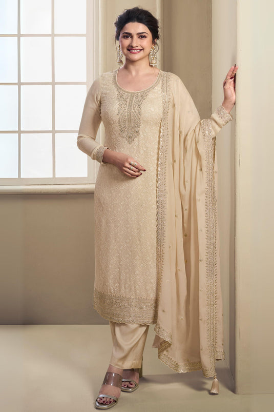 Prachi Desai Charming Beige Color Organza Fabric Salwar Suit