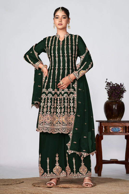 Function look Chinon Fabric Readymade Embroidered Palazzo Suit in Dark Green Color