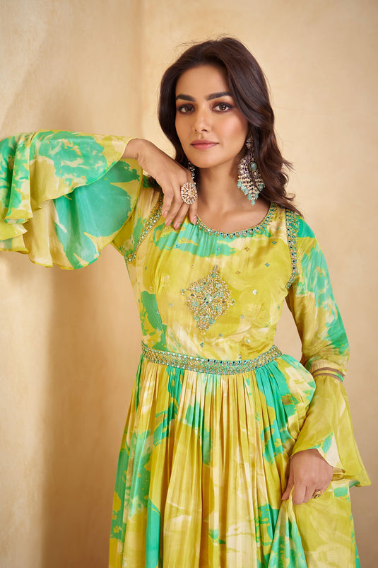 Digital Printed Readymade Chinon Fabric Gown With Dupatta In Yellow Color