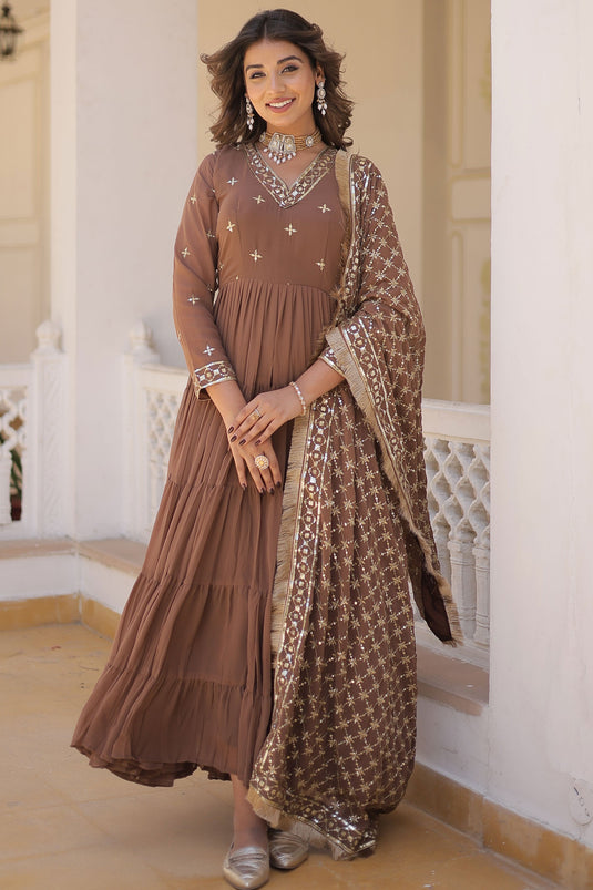 Heavy Georgette Fabric Brown Color Readymade Gown With Dupatta