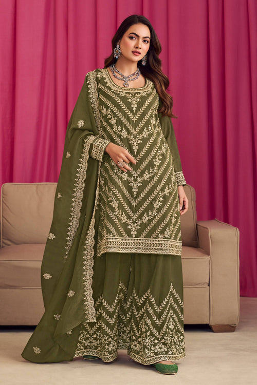 Olive Art Silk Designer Readymade Palazzo Salwar Kameez