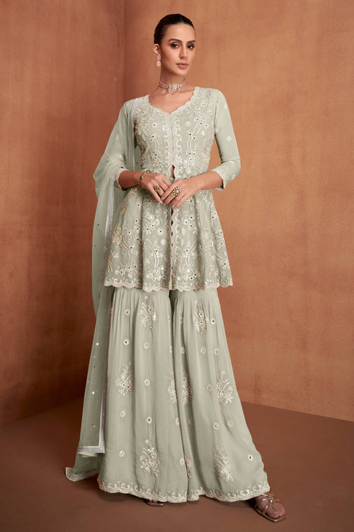 Elegant Embroidered Beige Palazzo Suit With Dupatta