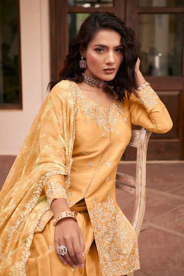 Beautiful Yellow Color Readymade Palazzo Suit In Art Silk Fabric