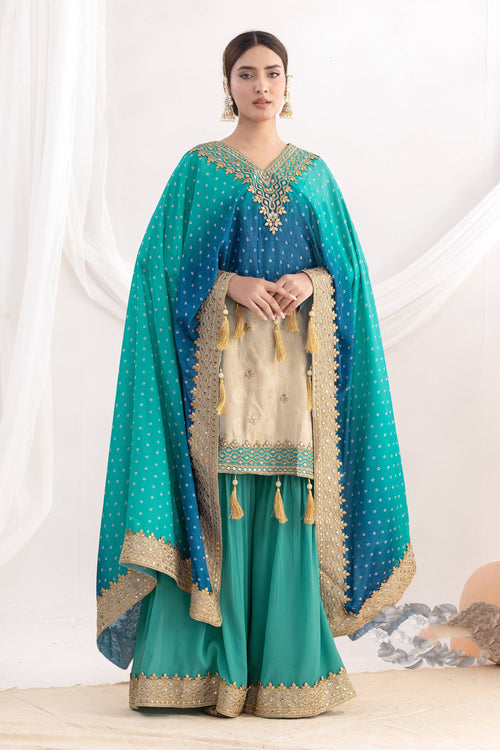 Embroidered Cyan Party Wear Designer Sharara Palazzo Suit With Kaftan Style Dupatta