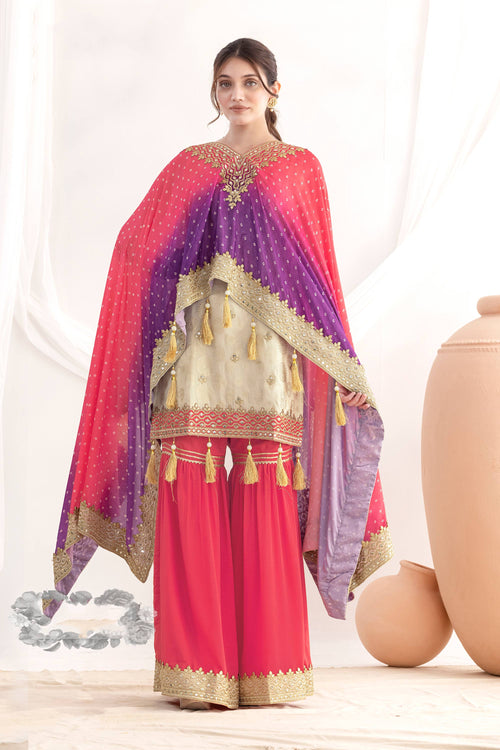 Viscose Jacquard Pink Readymade Sharara Palazzo Suit With Kaftan Style Dupatta