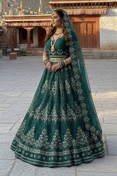 Teal Wedding Wear Embroidered Net Lehenga Choli With Dupatta