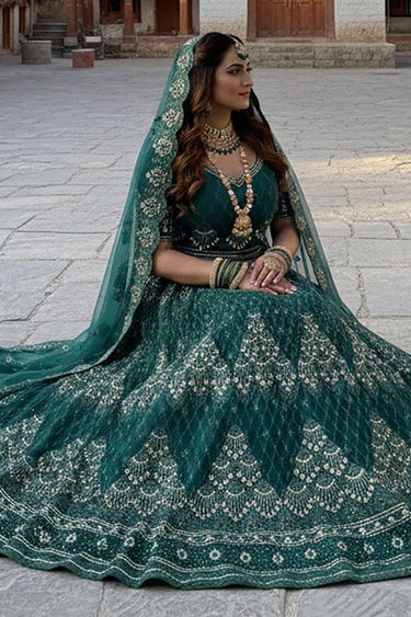 Teal Wedding Wear Embroidered Net Lehenga Choli With Dupatta
