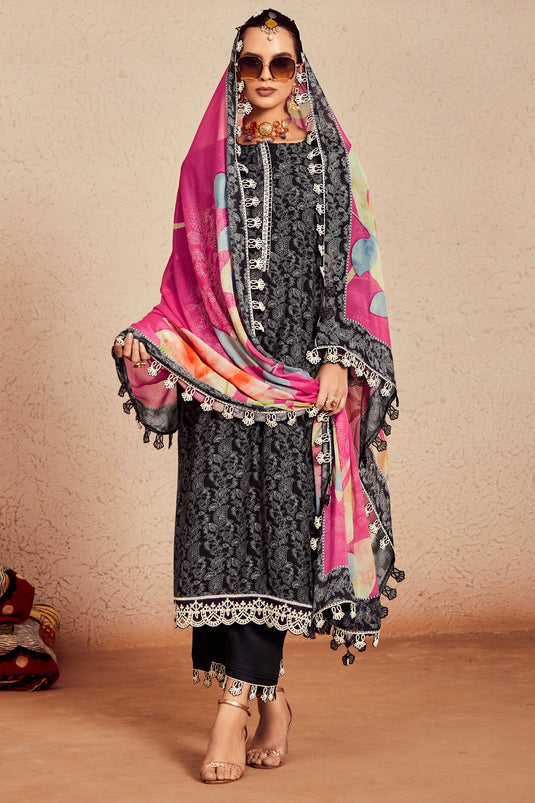 Inventive Digital Printed Black Color Salwar Suit In Muslin Fabric