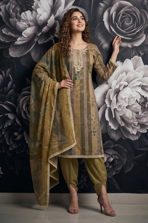 Olive Cotton Printed Casual Suit