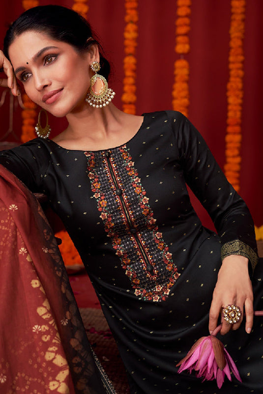 Black Color Function Wear Embroidered Designer Long Straight Cut Salwar Kameez In Viscose Fabric