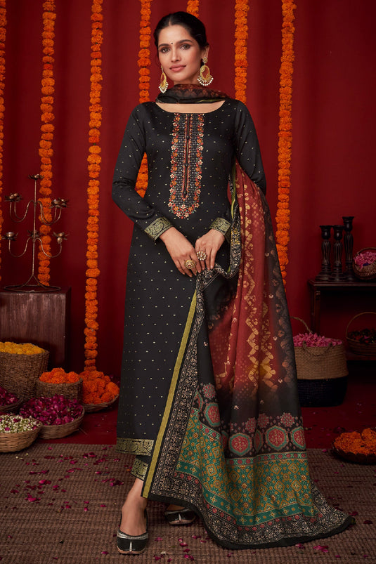 Black Color Function Wear Embroidered Designer Long Straight Cut Salwar Kameez In Viscose Fabric