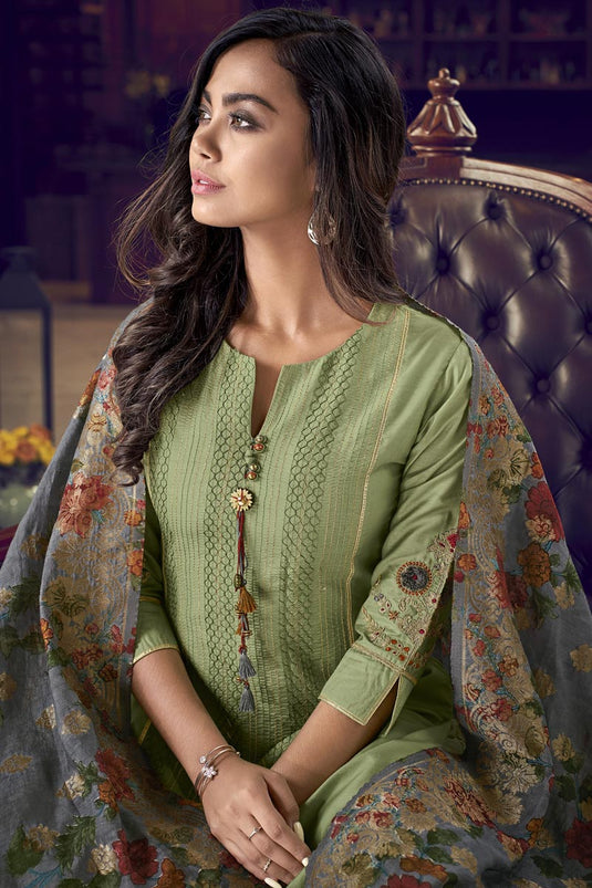 Art Silk Fabric Festive Wear Embroidered Salwar Suit In Green Color