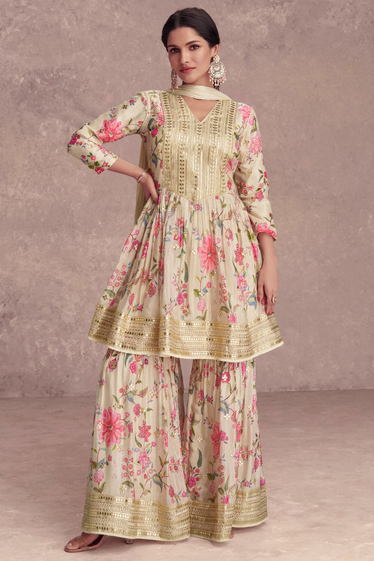 Incredible Digital Printed Work On Chinon Fabric Beige Color Palazzo Suit