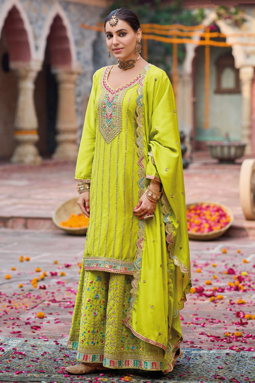 Chinon Embroidered Lime Yellow Designer Punjabi Style Palazzo Salwar Kameez